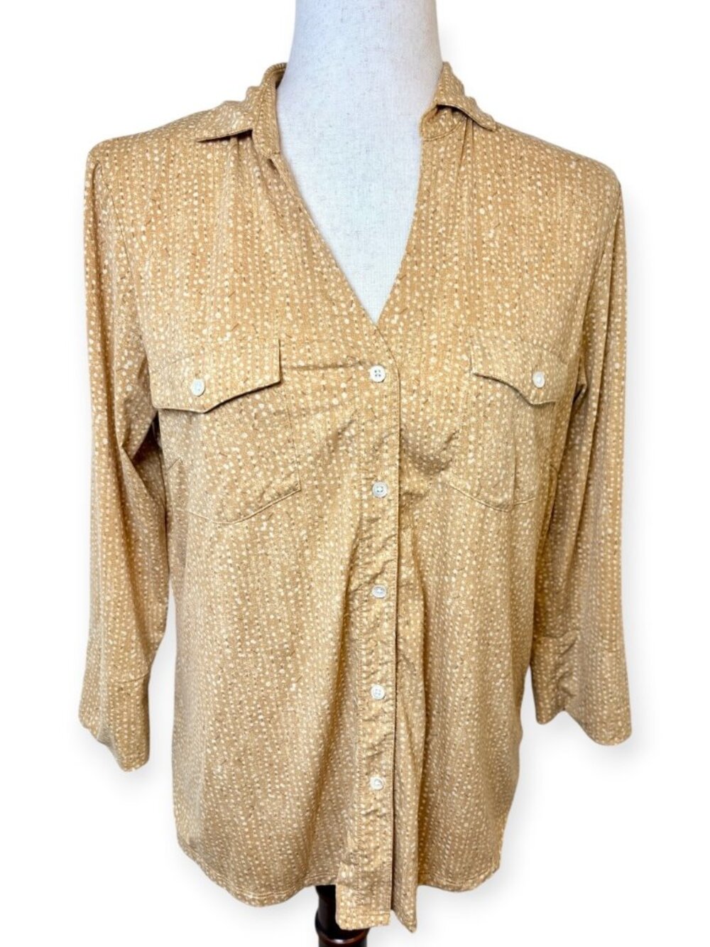 J.McLaughlin Golden Tan White Dotted Button Down Shirt Size Medium